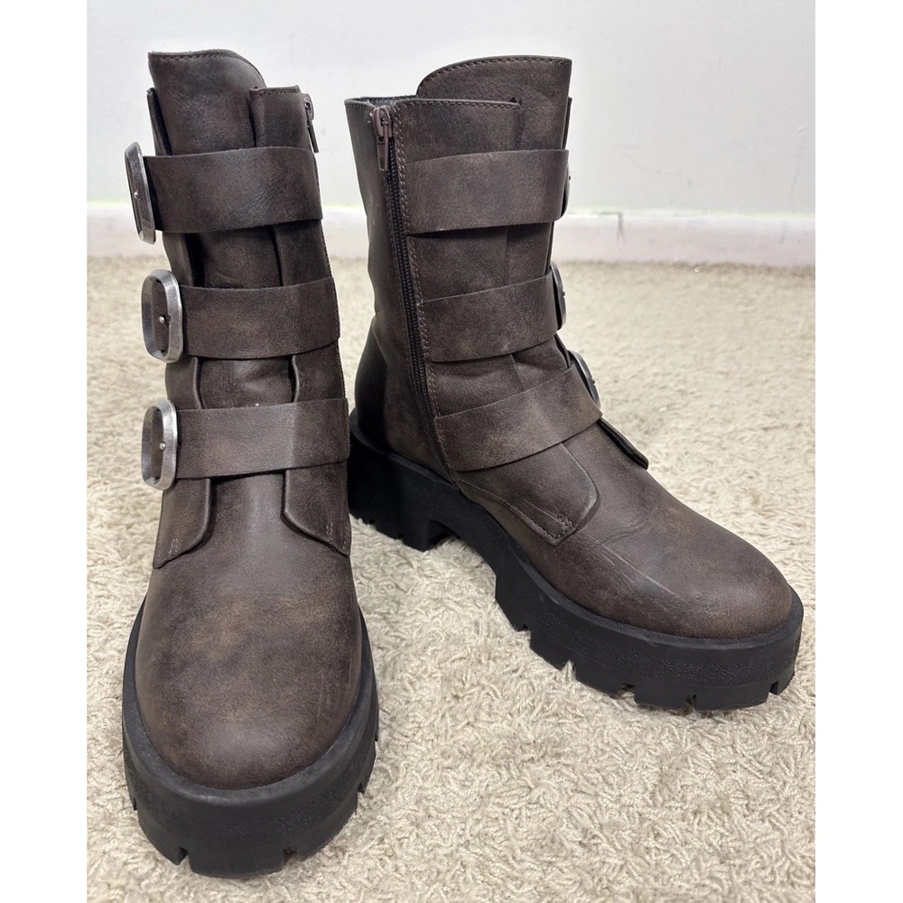 Madden NYC Brown Faux Leather Buckle Up Combat Boots Womens 10M Moto Rock Grunge - Picture 3 of 14